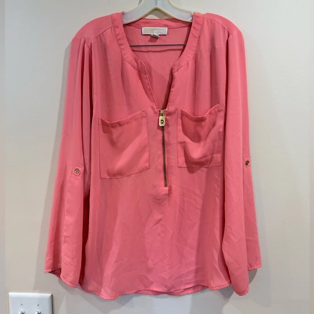 🔥Michael Kors Pink Women’s Zip-Front Blouse Size XL Good Condition 🔥